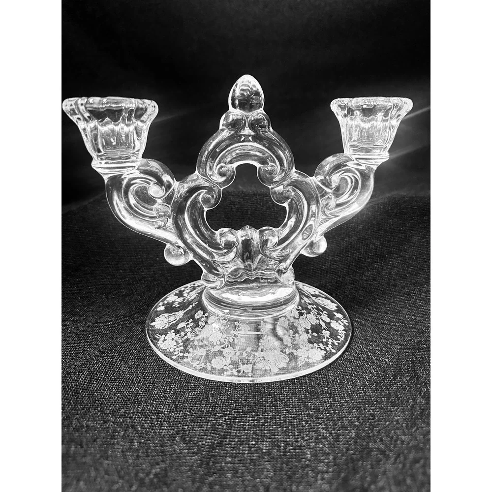 2 Cambridge Rose Point 2 Lite Candle Holder Keyhole Etched Glass Pair Candelabra